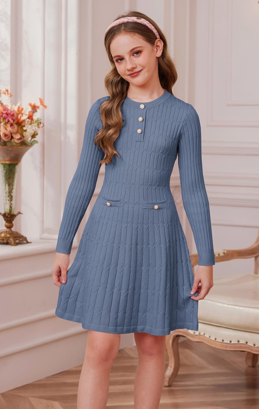 image:imageGRACE KARIN Girls Fall Winter Sweater Long Sleeve Cable Knit Dresses 614YGray Blue