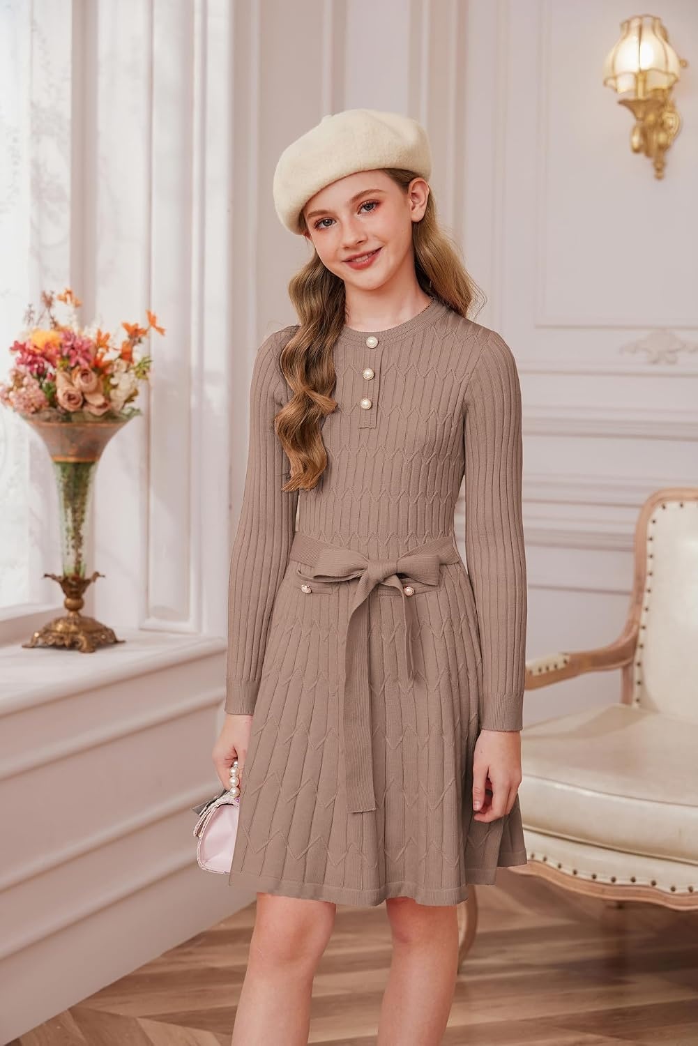 image:imageGRACE KARIN Girls Fall Winter Sweater Long Sleeve Cable Knit Dresses 614YLight Camel
