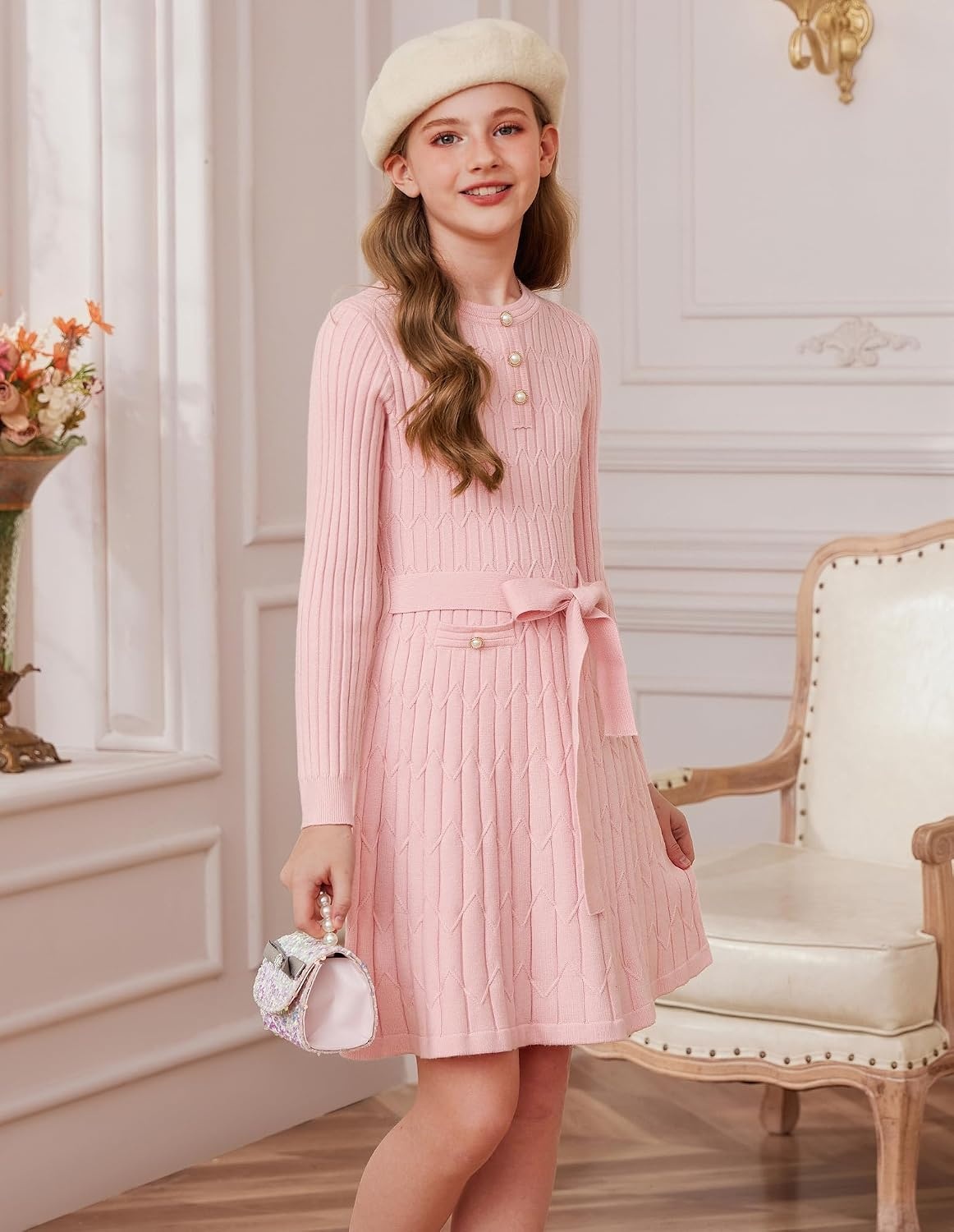 image:imageGRACE KARIN Girls Fall Winter Sweater Long Sleeve Cable Knit Dresses 614YPink