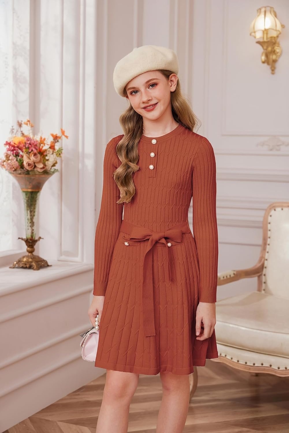 image:imageGRACE KARIN Girls Fall Winter Sweater Long Sleeve Cable Knit Dresses 614YPumpkin Orange