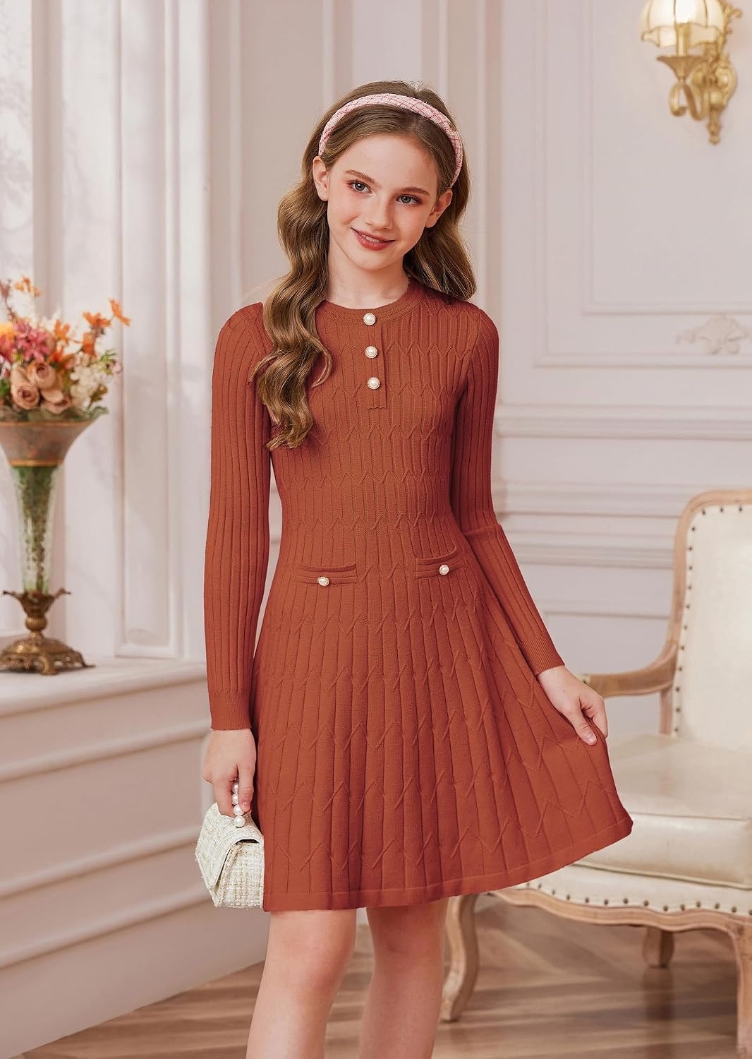 image:imageGRACE KARIN Girls Fall Winter Sweater Long Sleeve Cable Knit Dresses 614YPumpkin Orange