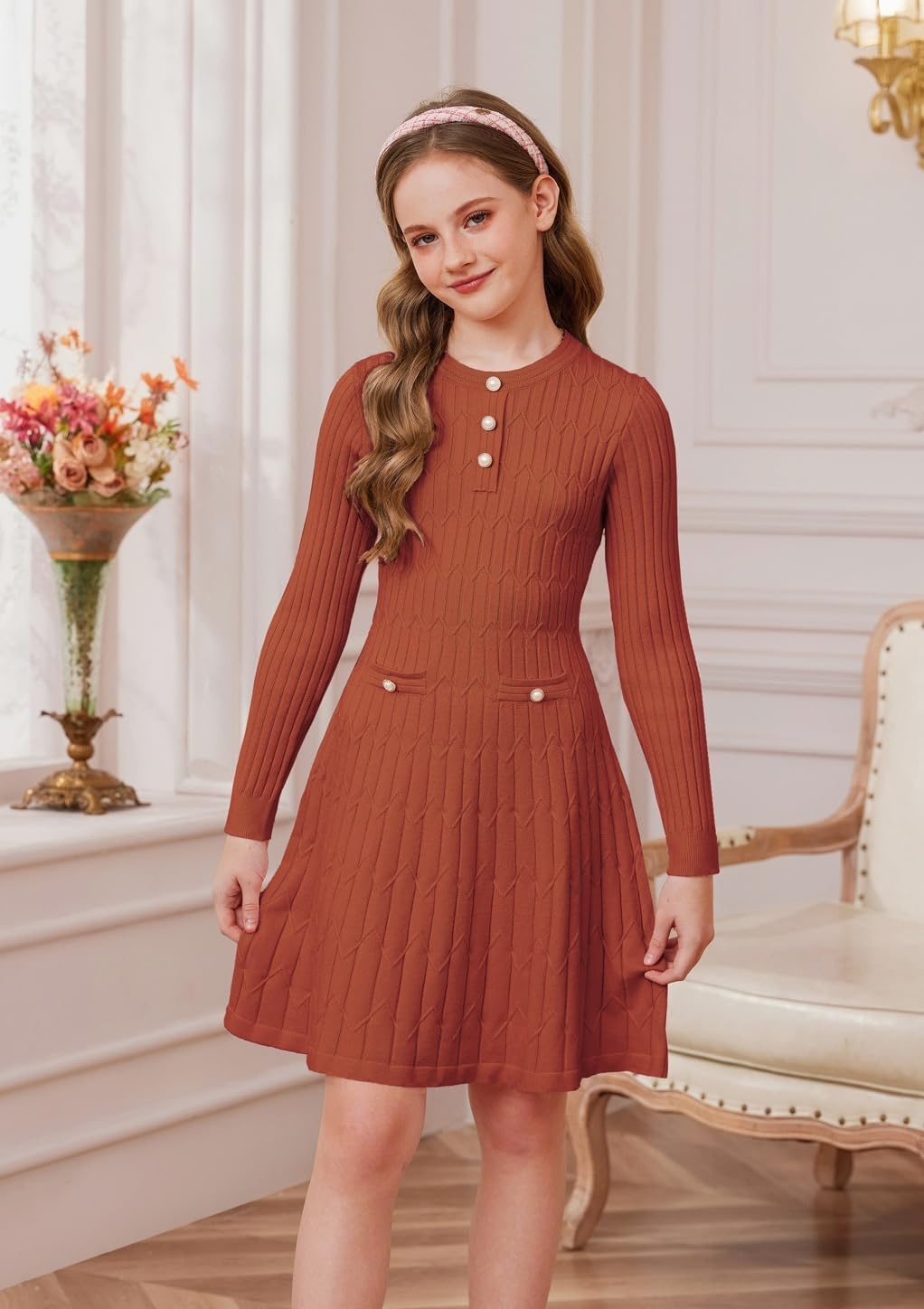 image:imageGRACE KARIN Girls Fall Winter Sweater Long Sleeve Cable Knit Dresses 614YPumpkin Orange