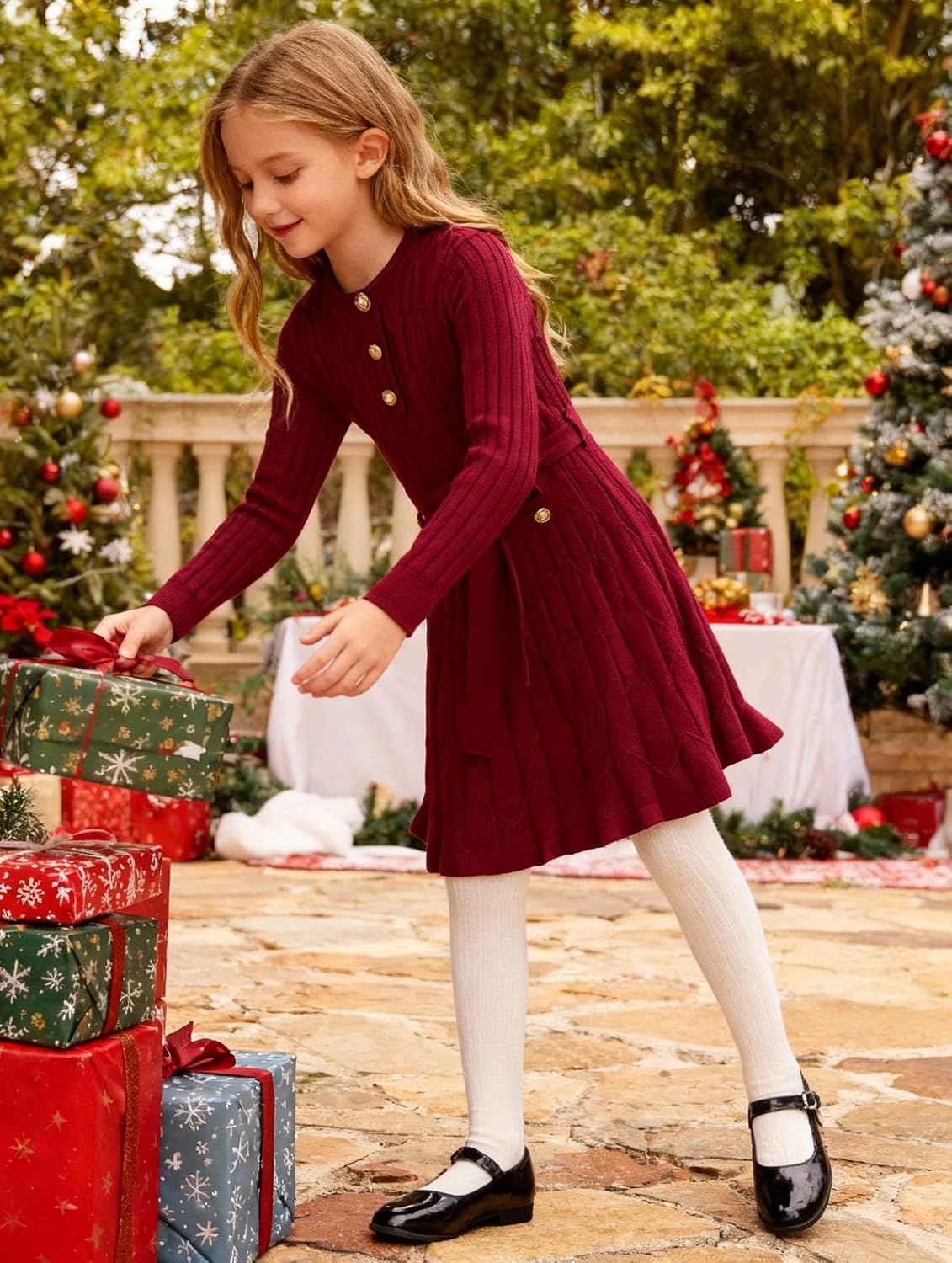 image:imageGRACE KARIN Girls Fall Winter Sweater Long Sleeve Cable Knit Dresses 614YWine Red