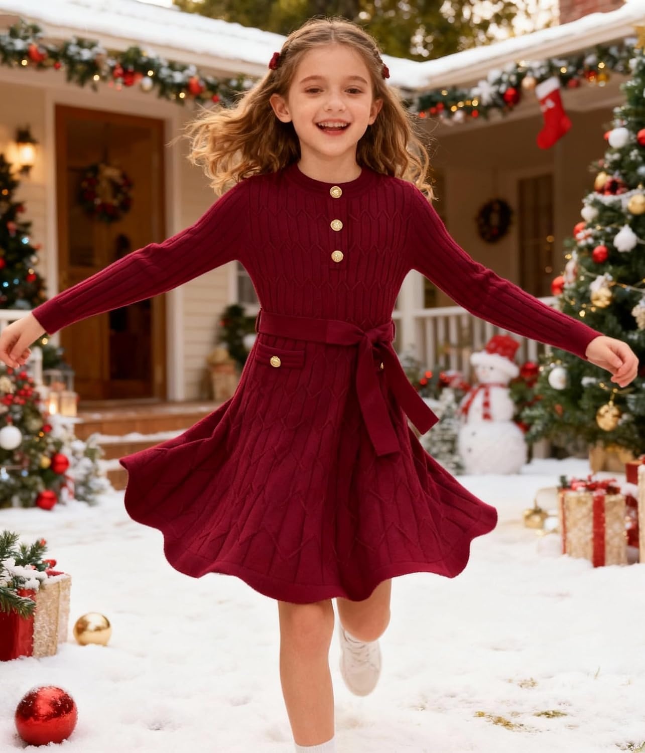 image:imageGRACE KARIN Girls Fall Winter Sweater Long Sleeve Cable Knit Dresses 614YWine Red