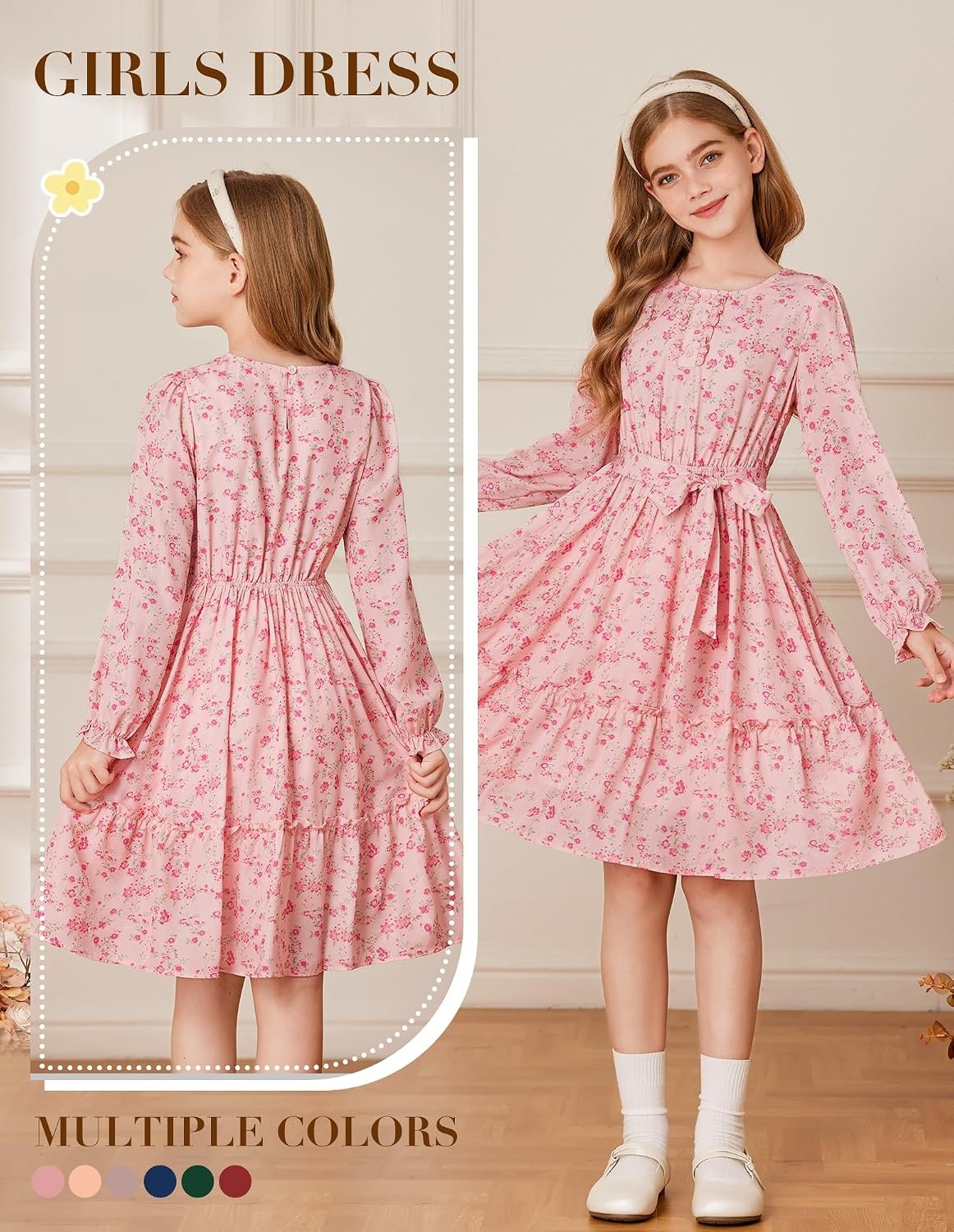 image:imageGRACE KARIN Girls Floral Long Sleeve Dress Ruffle Vintage Fall Dress 614YBlush Pink Floral