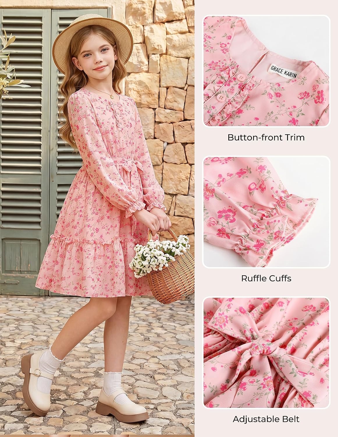 image:imageGRACE KARIN Girls Floral Long Sleeve Dress Ruffle Vintage Fall Dress 614YBlush Pink Floral