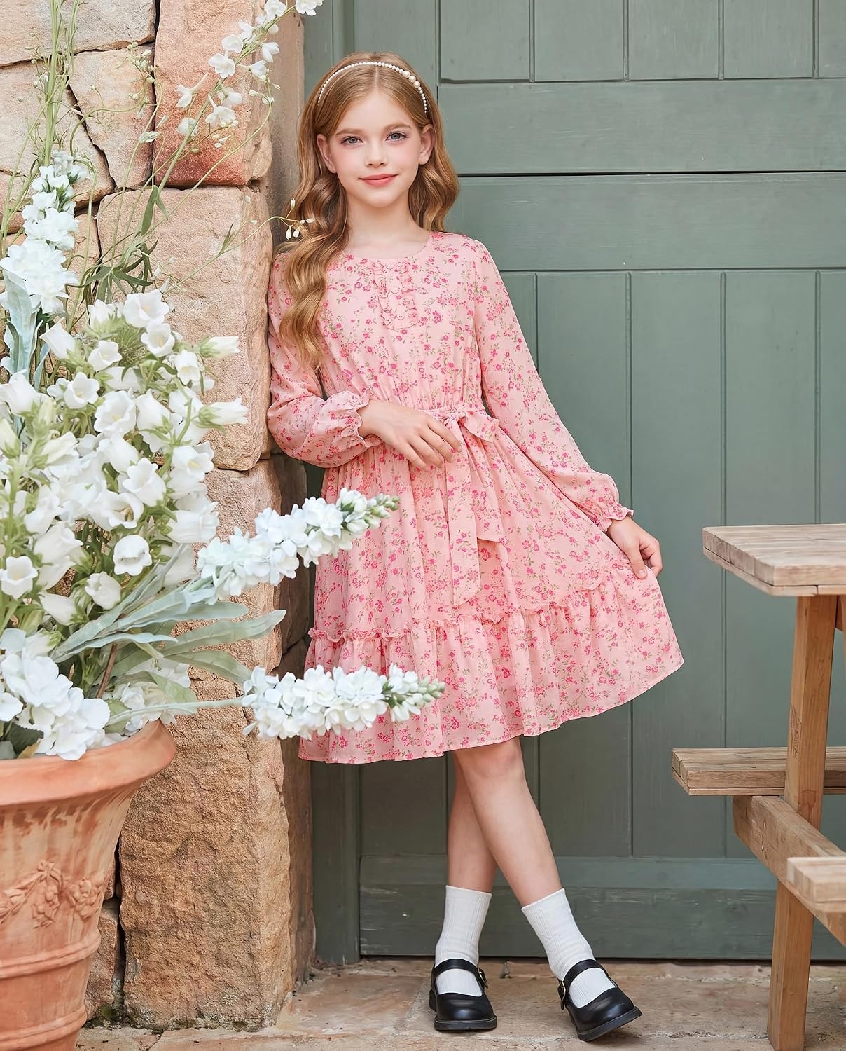image:imageGRACE KARIN Girls Floral Long Sleeve Dress Ruffle Vintage Fall Dress 614YBlush Pink Floral