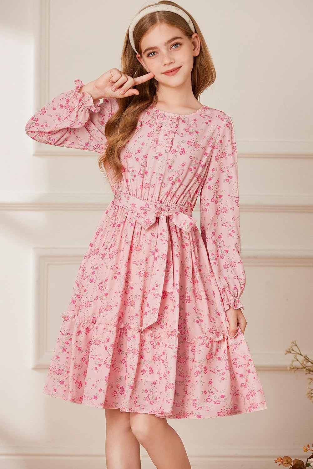 image:imageGRACE KARIN Girls Floral Long Sleeve Dress Ruffle Vintage Fall Dress 614YBlush Pink Floral