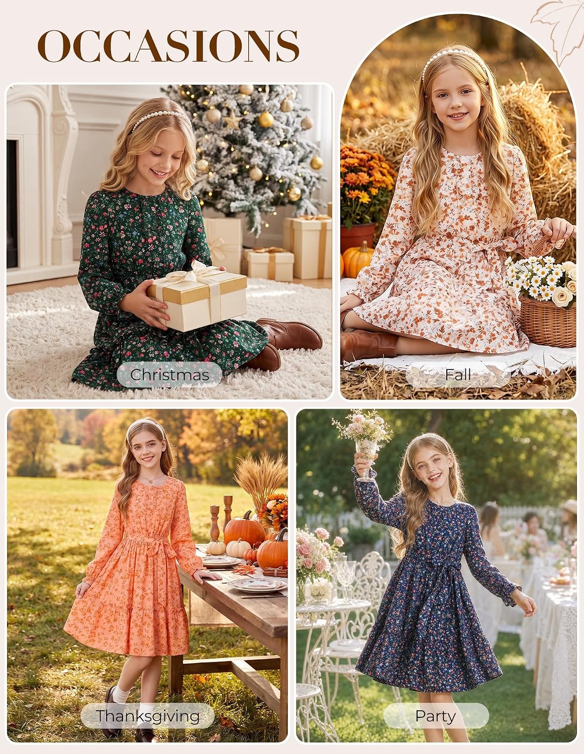 image:imageGRACE KARIN Girls Floral Long Sleeve Dress Ruffle Vintage Fall Dress 614YBurgundy Floral