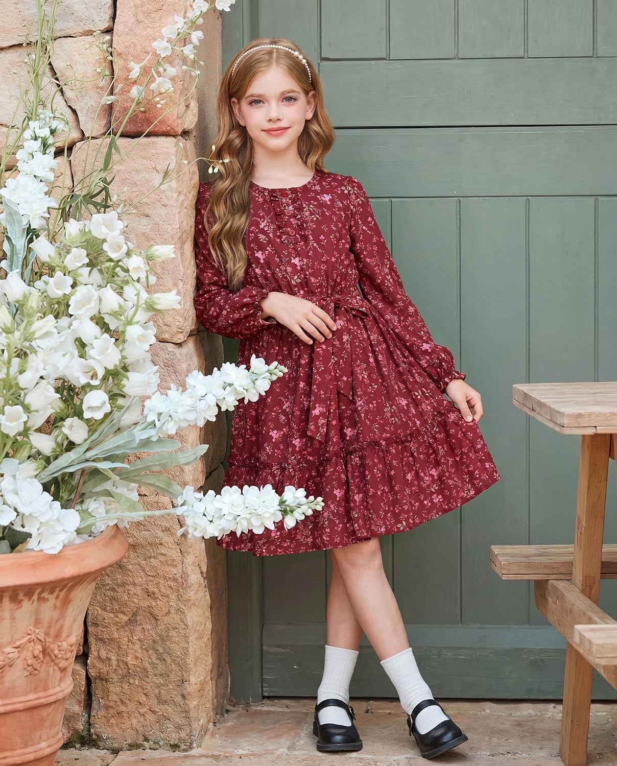image:imageGRACE KARIN Girls Floral Long Sleeve Dress Ruffle Vintage Fall Dress 614YBurgundy Floral