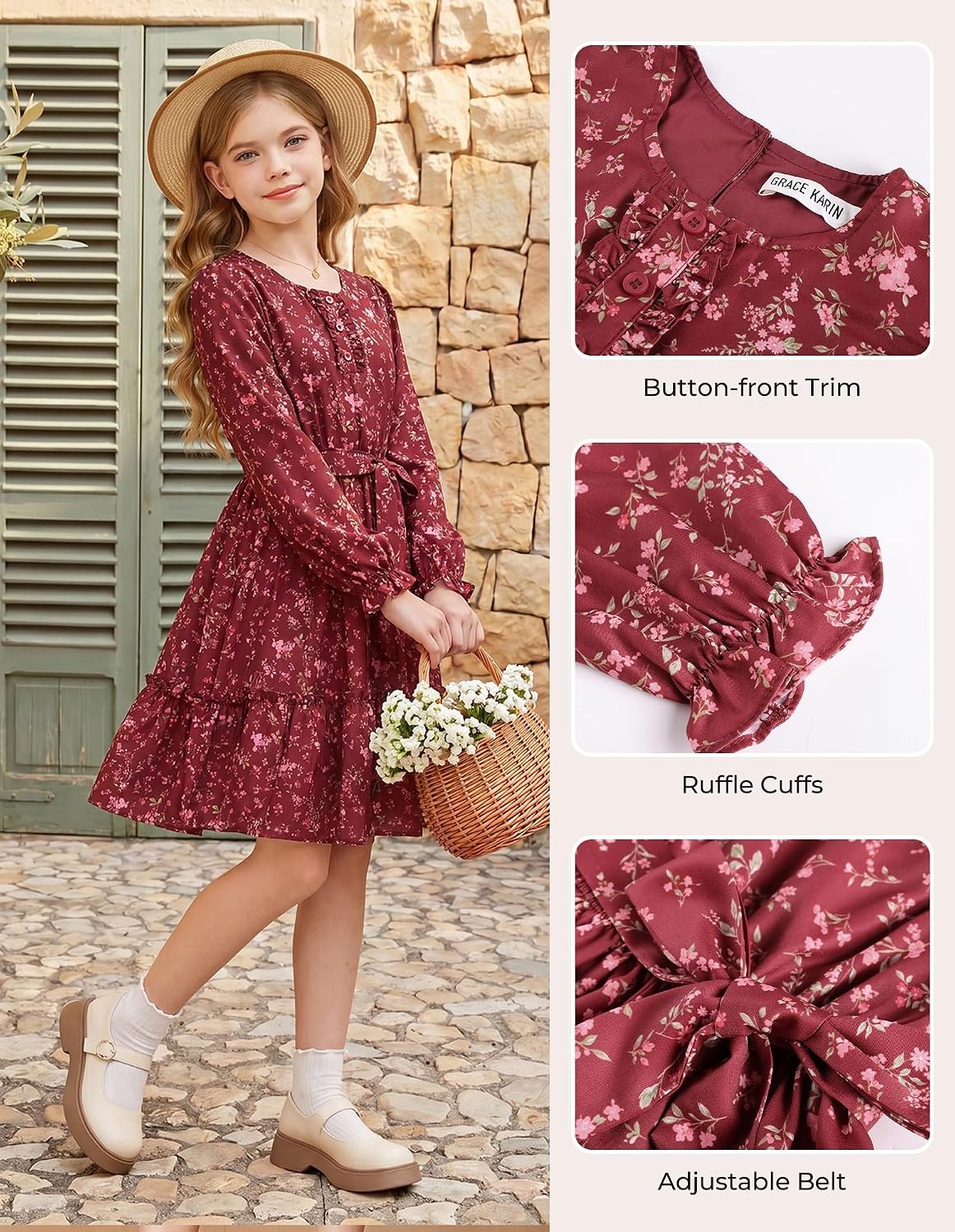 image:imageGRACE KARIN Girls Floral Long Sleeve Dress Ruffle Vintage Fall Dress 614YBurgundy Floral