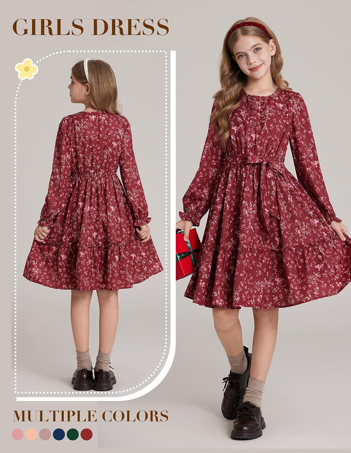 image:imageGRACE KARIN Girls Floral Long Sleeve Dress Ruffle Vintage Fall Dress 614YBurgundy Floral