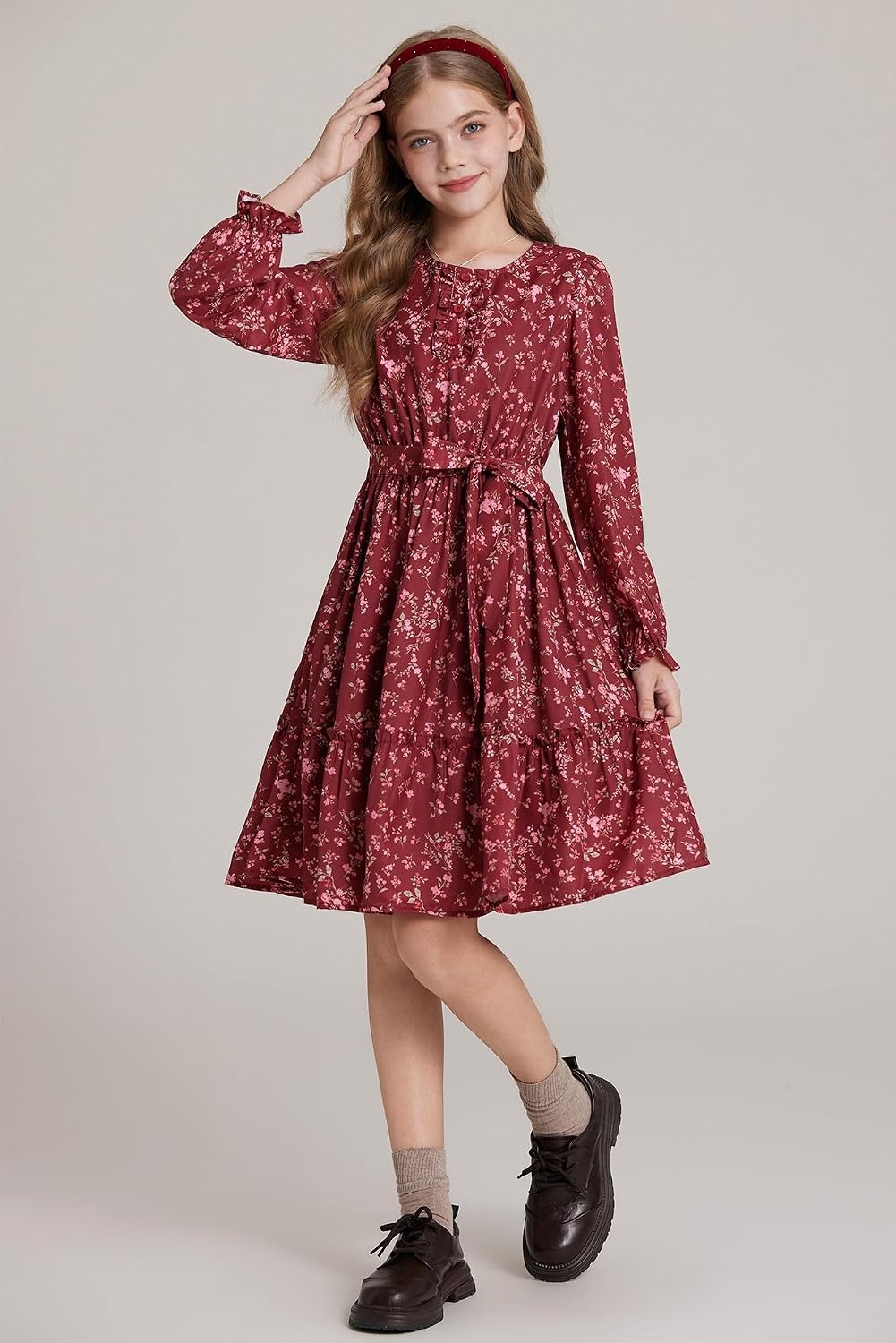 image:imageGRACE KARIN Girls Floral Long Sleeve Dress Ruffle Vintage Fall Dress 614YBurgundy Floral