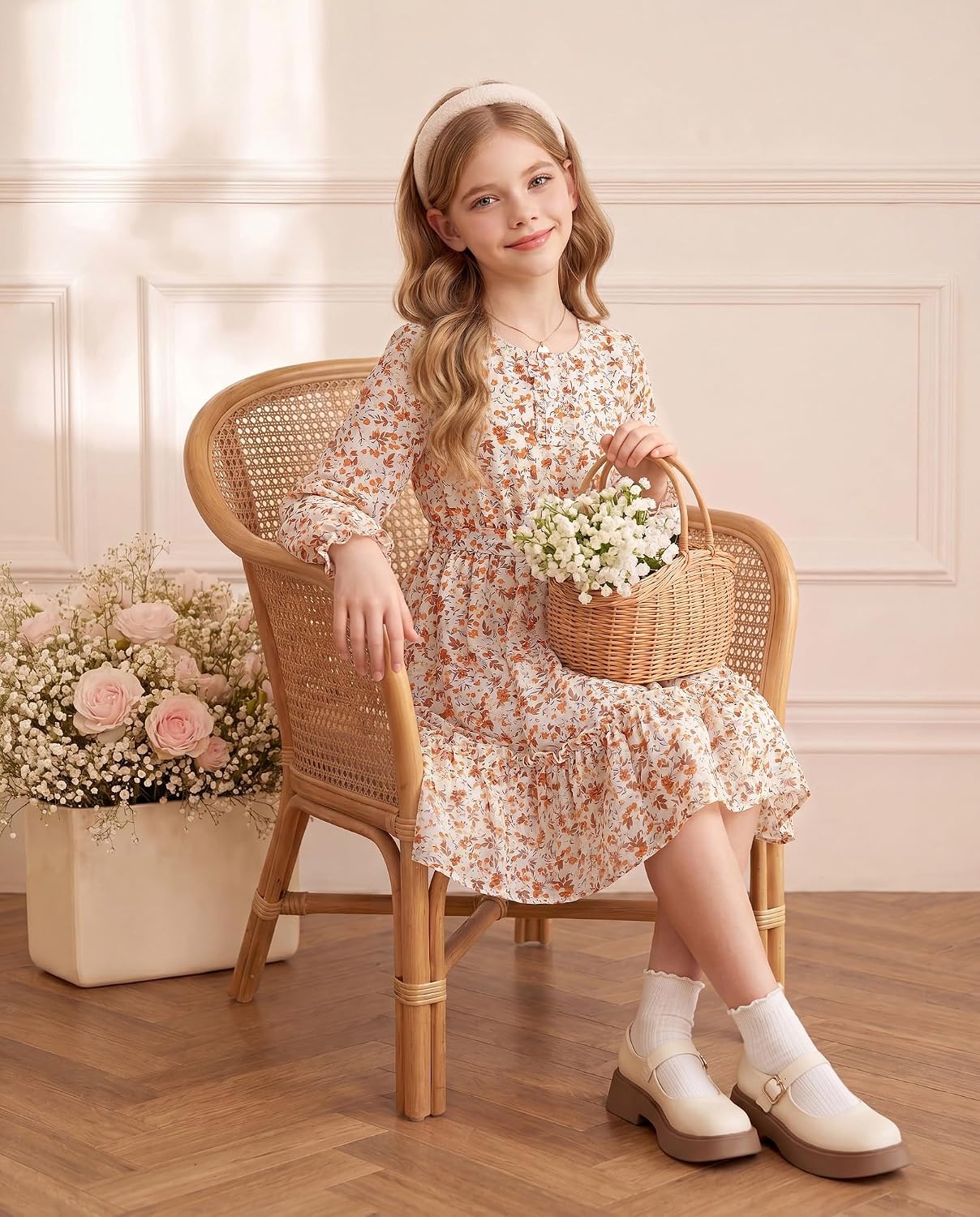 image:imageGRACE KARIN Girls Floral Long Sleeve Dress Ruffle Vintage Fall Dress 614YCream Floral