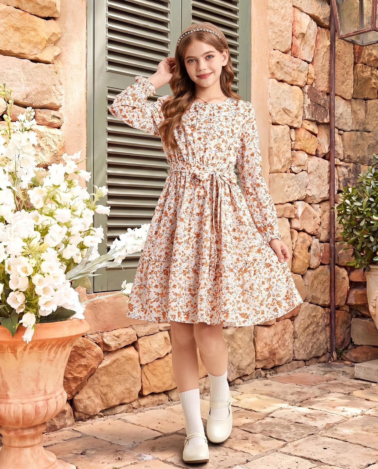 image:imageGRACE KARIN Girls Floral Long Sleeve Dress Ruffle Vintage Fall Dress 614YCream Floral