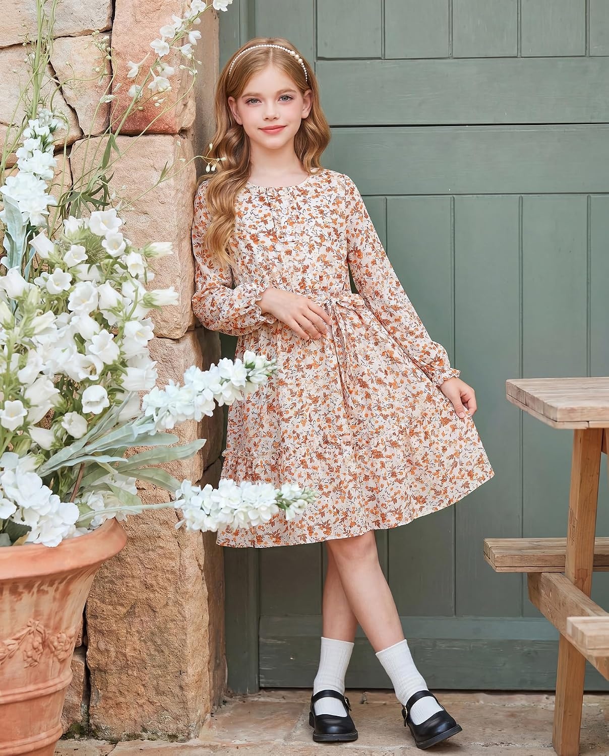 image:imageGRACE KARIN Girls Floral Long Sleeve Dress Ruffle Vintage Fall Dress 614YCream Floral