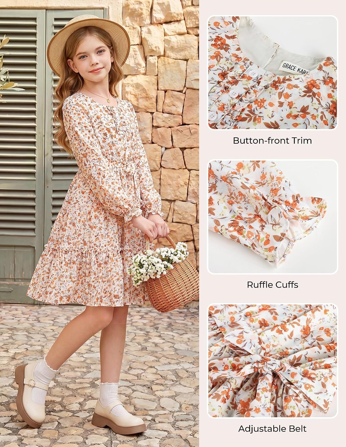 image:imageGRACE KARIN Girls Floral Long Sleeve Dress Ruffle Vintage Fall Dress 614YCream Floral