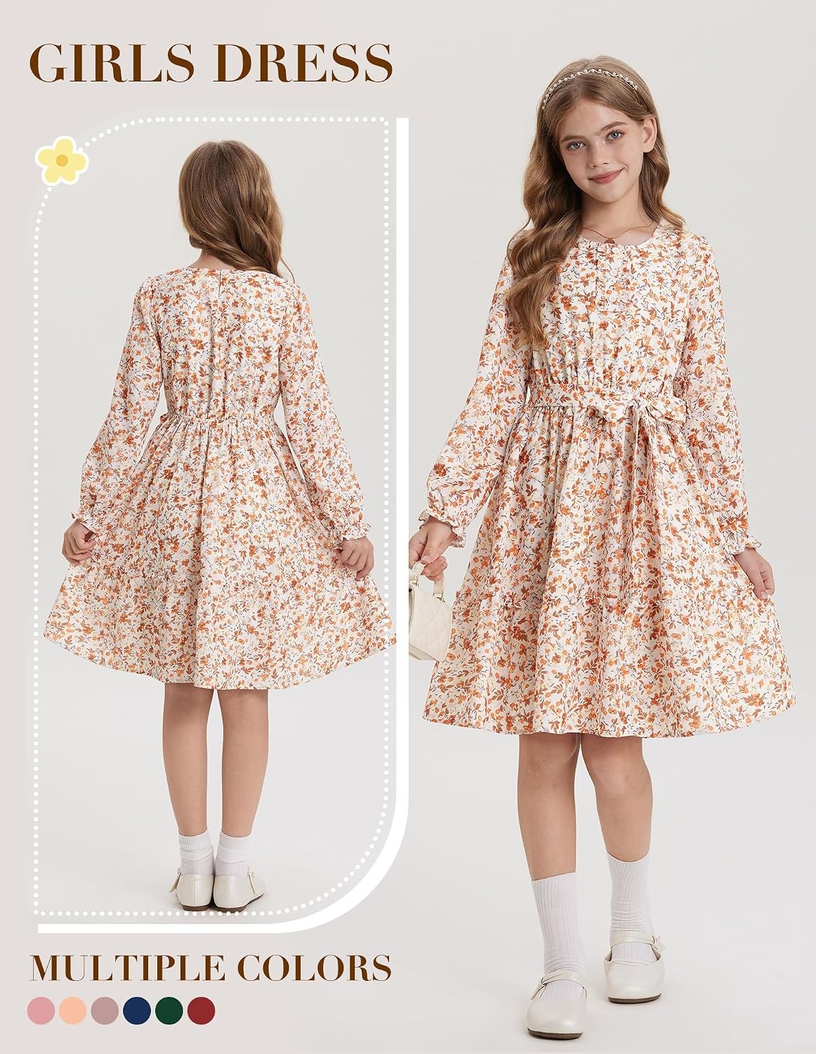image:imageGRACE KARIN Girls Floral Long Sleeve Dress Ruffle Vintage Fall Dress 614YCream Floral