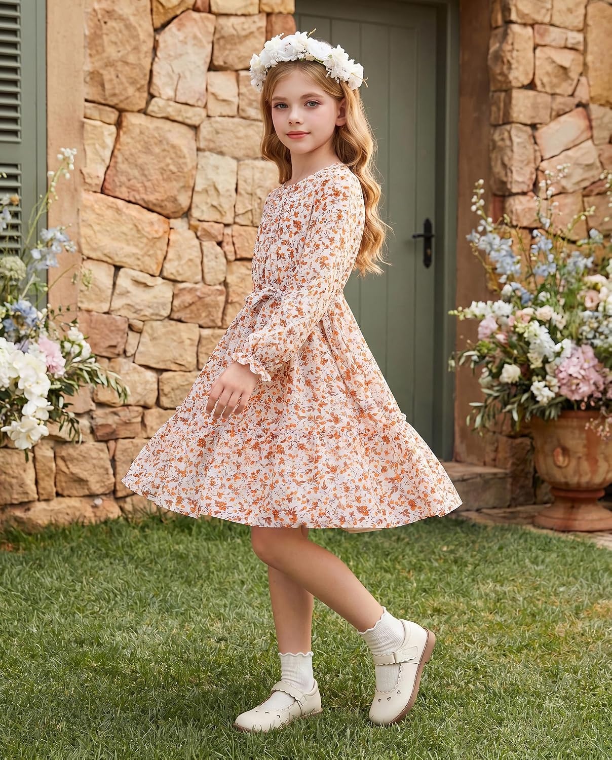 image:imageGRACE KARIN Girls Floral Long Sleeve Dress Ruffle Vintage Fall Dress 614YCream Floral