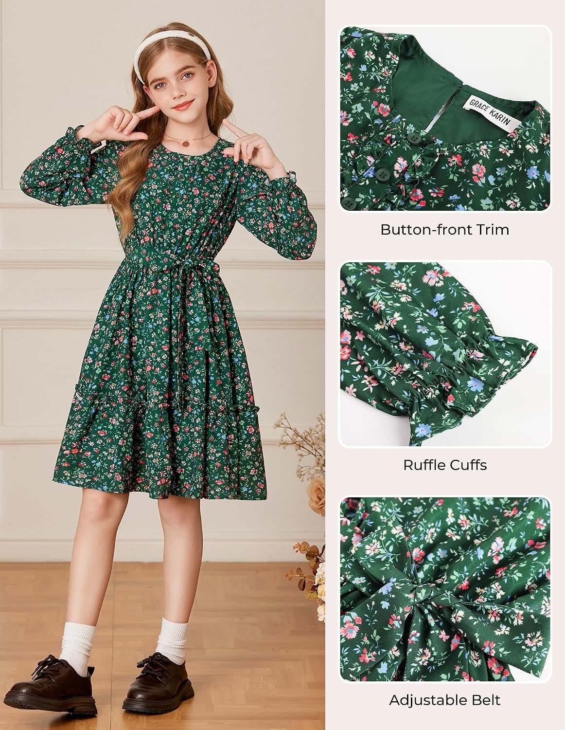 image:imageGRACE KARIN Girls Floral Long Sleeve Dress Ruffle Vintage Fall Dress 614YDark Green Floral