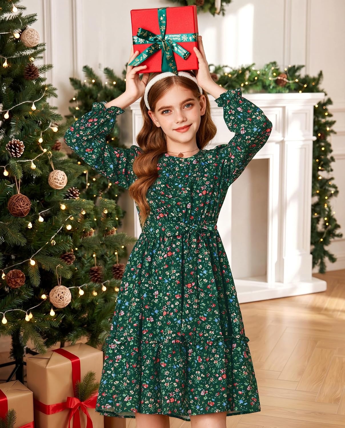 image:imageGRACE KARIN Girls Floral Long Sleeve Dress Ruffle Vintage Fall Dress 614YDark Green Floral