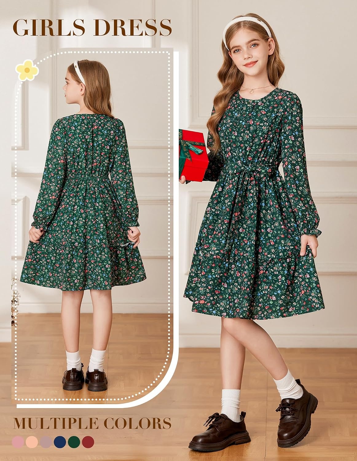 image:imageGRACE KARIN Girls Floral Long Sleeve Dress Ruffle Vintage Fall Dress 614YDark Green Floral