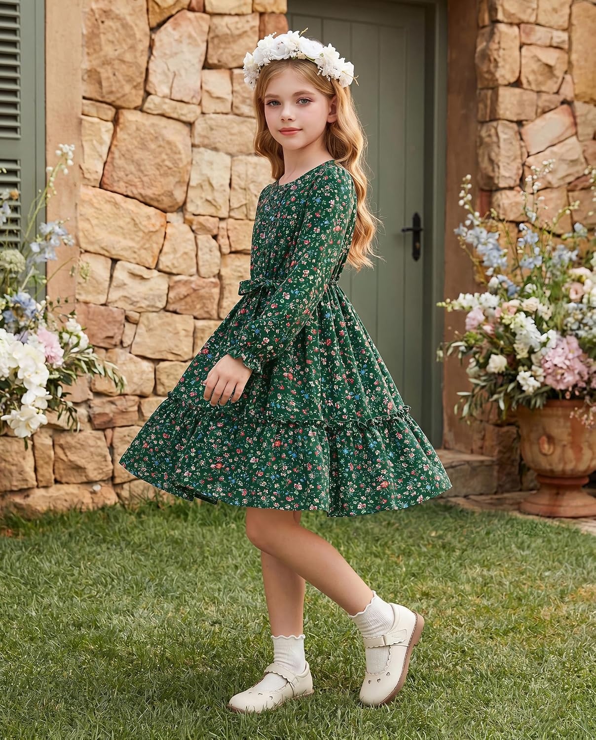 image:imageGRACE KARIN Girls Floral Long Sleeve Dress Ruffle Vintage Fall Dress 614YDark Green Floral