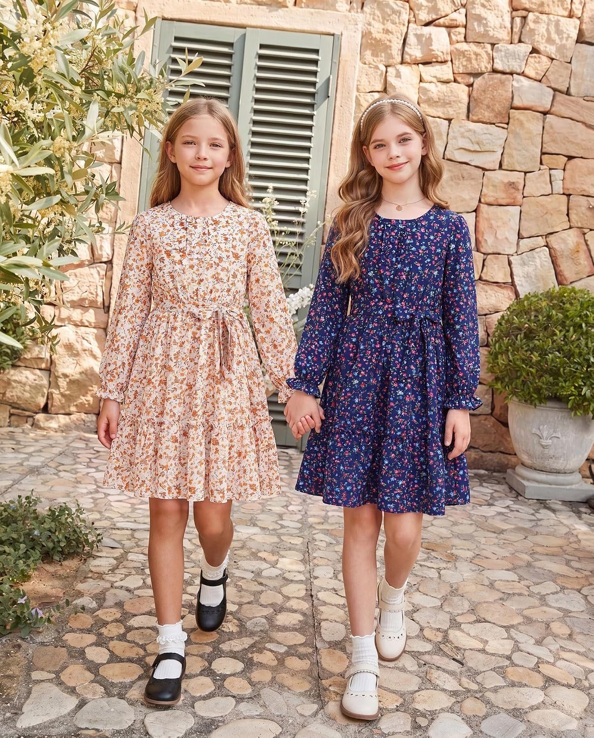 image:imageGRACE KARIN Girls Floral Long Sleeve Dress Ruffle Vintage Fall Dress 614YNavy Floral