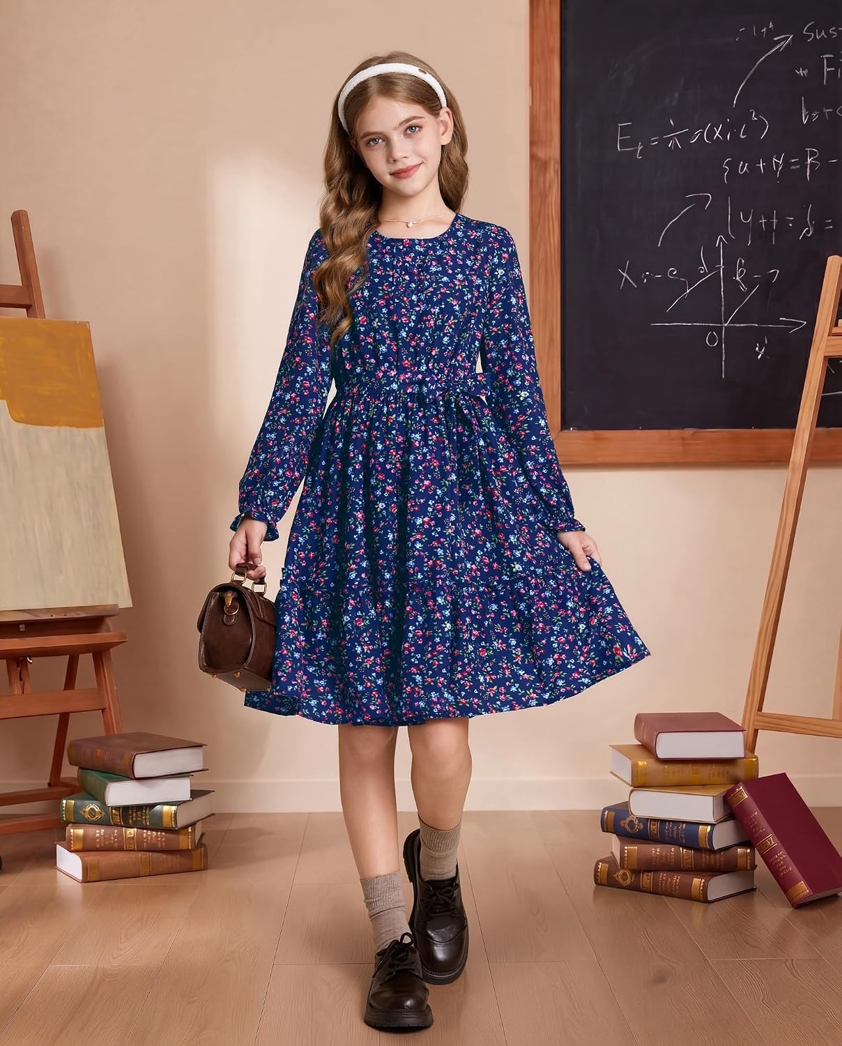 image:imageGRACE KARIN Girls Floral Long Sleeve Dress Ruffle Vintage Fall Dress 614YNavy Floral