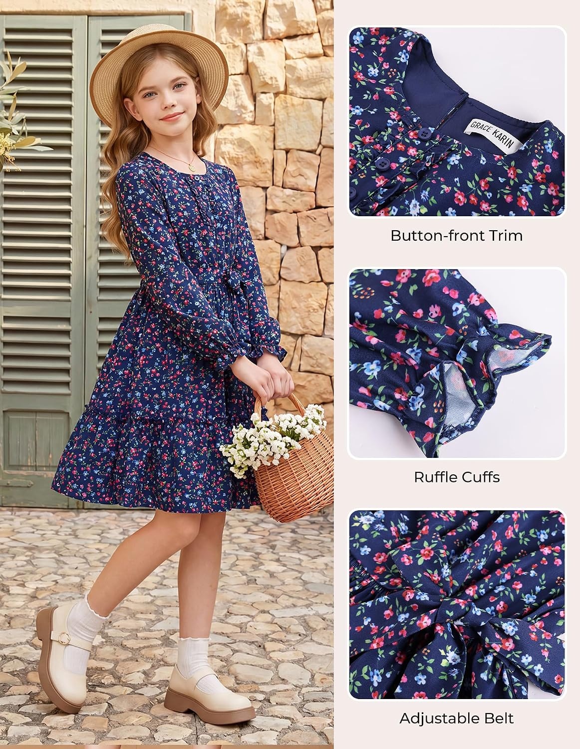 image:imageGRACE KARIN Girls Floral Long Sleeve Dress Ruffle Vintage Fall Dress 614YNavy Floral
