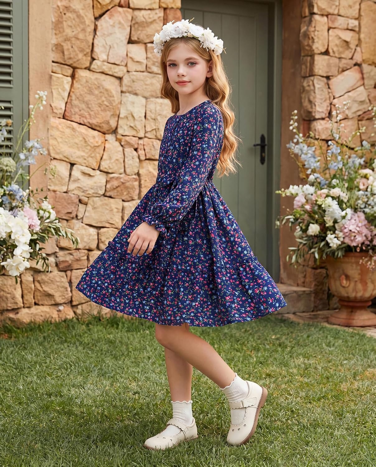 image:imageGRACE KARIN Girls Floral Long Sleeve Dress Ruffle Vintage Fall Dress 614YNavy Floral
