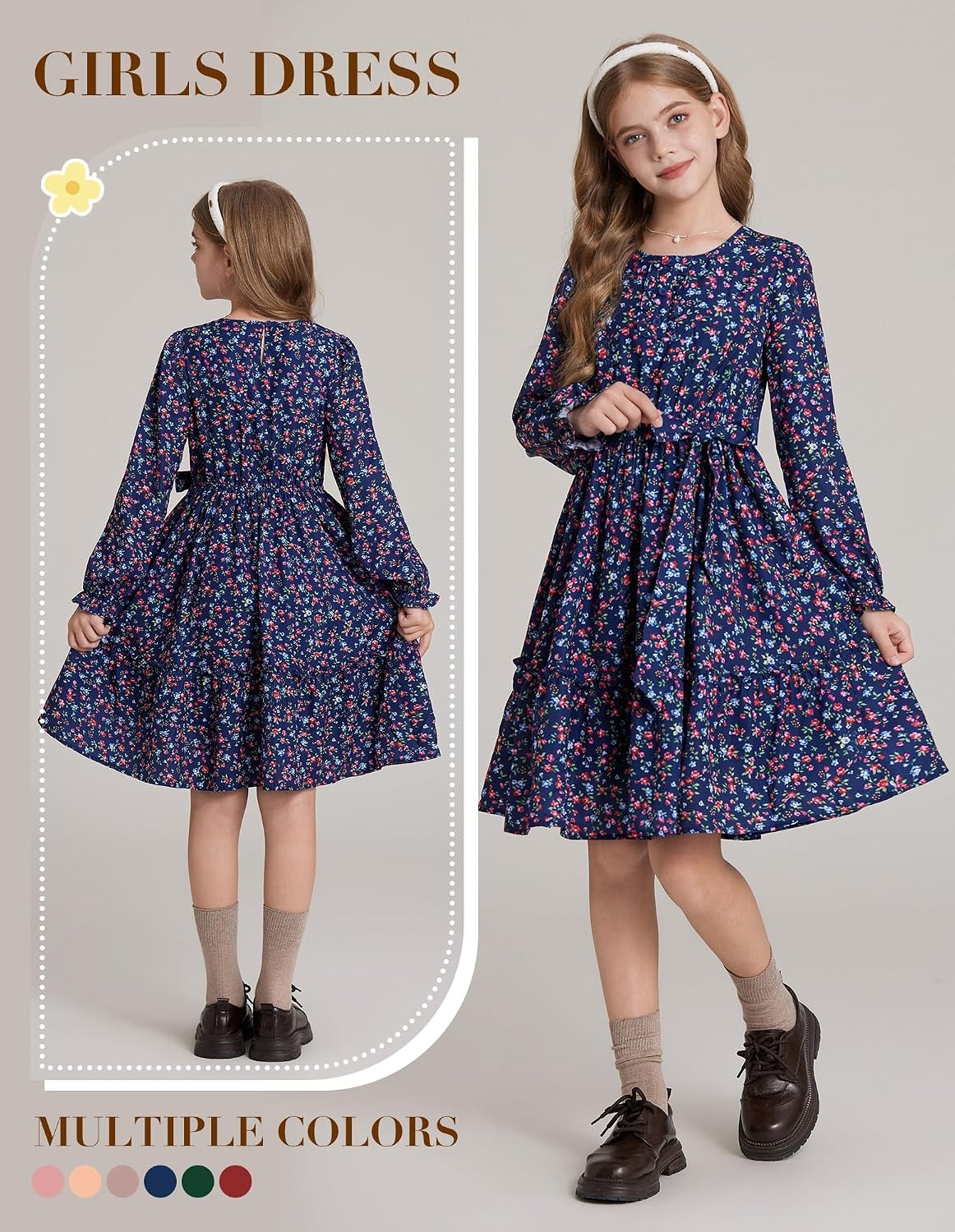 image:imageGRACE KARIN Girls Floral Long Sleeve Dress Ruffle Vintage Fall Dress 614YNavy Floral