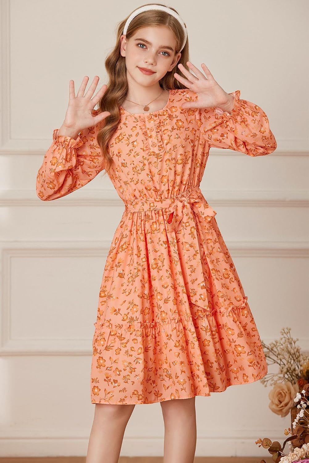image:imageGRACE KARIN Girls Floral Long Sleeve Dress Ruffle Vintage Fall Dress 614YOrange Floral