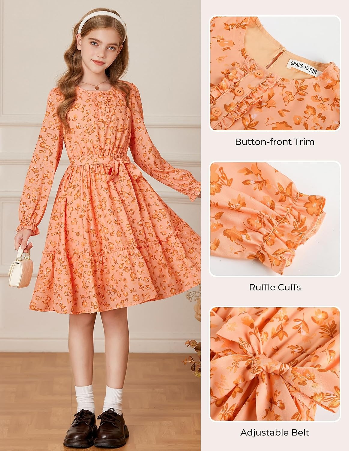 image:imageGRACE KARIN Girls Floral Long Sleeve Dress Ruffle Vintage Fall Dress 614YOrange Floral