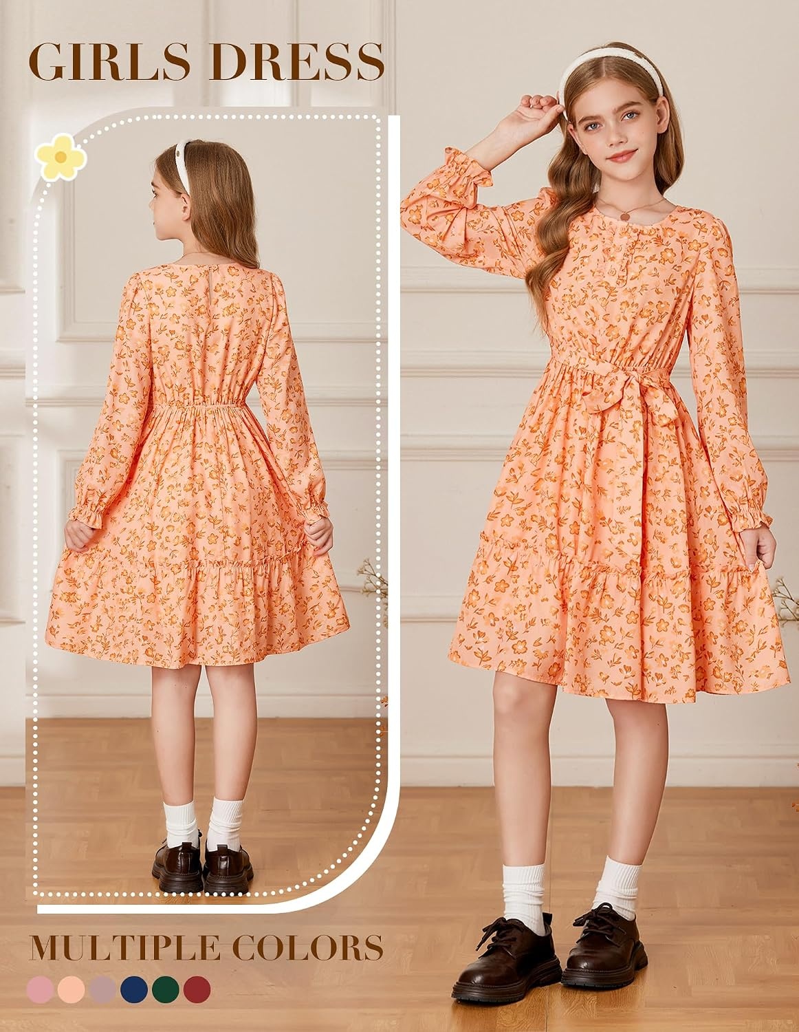 image:imageGRACE KARIN Girls Floral Long Sleeve Dress Ruffle Vintage Fall Dress 614YOrange Floral