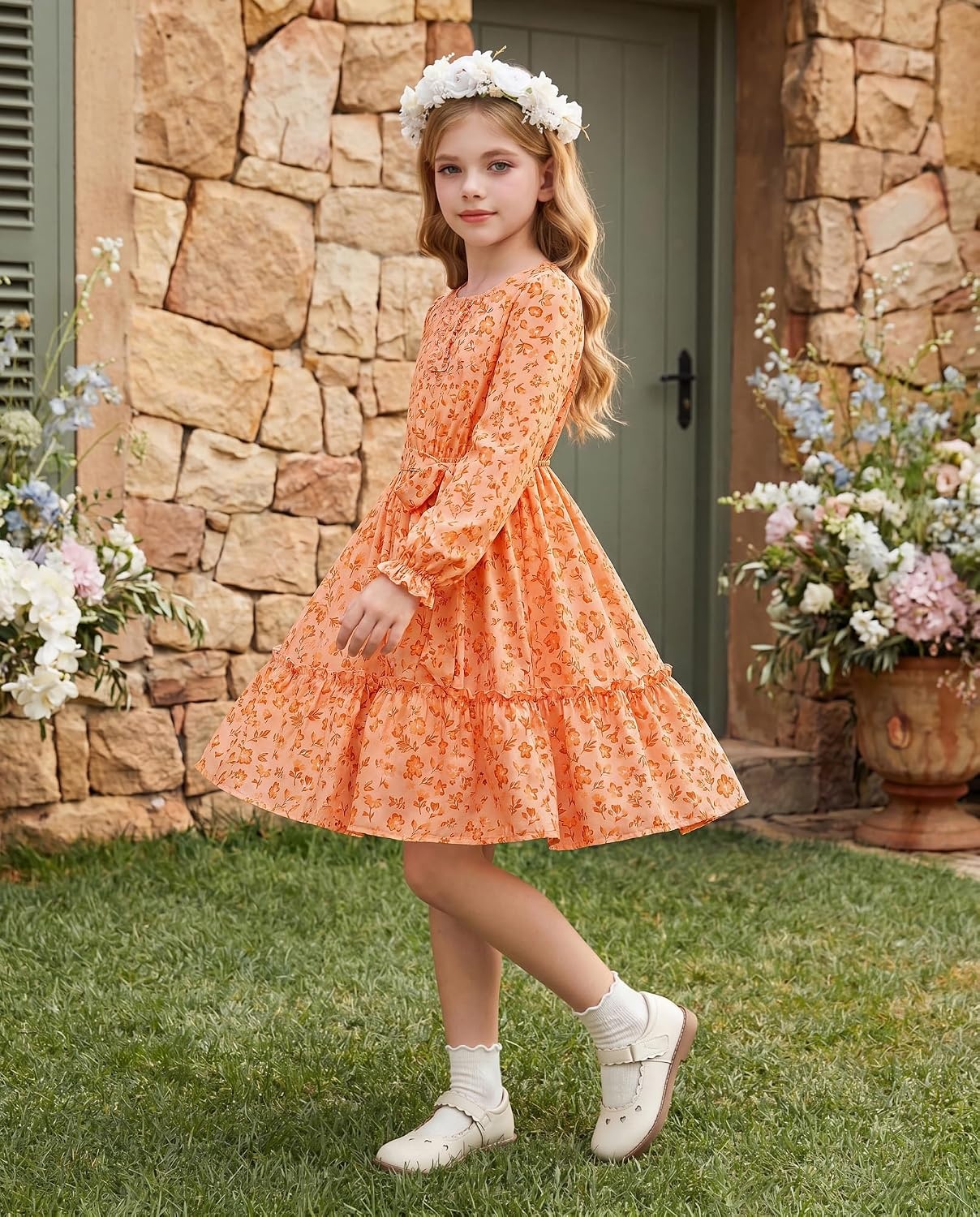 image:imageGRACE KARIN Girls Floral Long Sleeve Dress Ruffle Vintage Fall Dress 614YOrange Floral