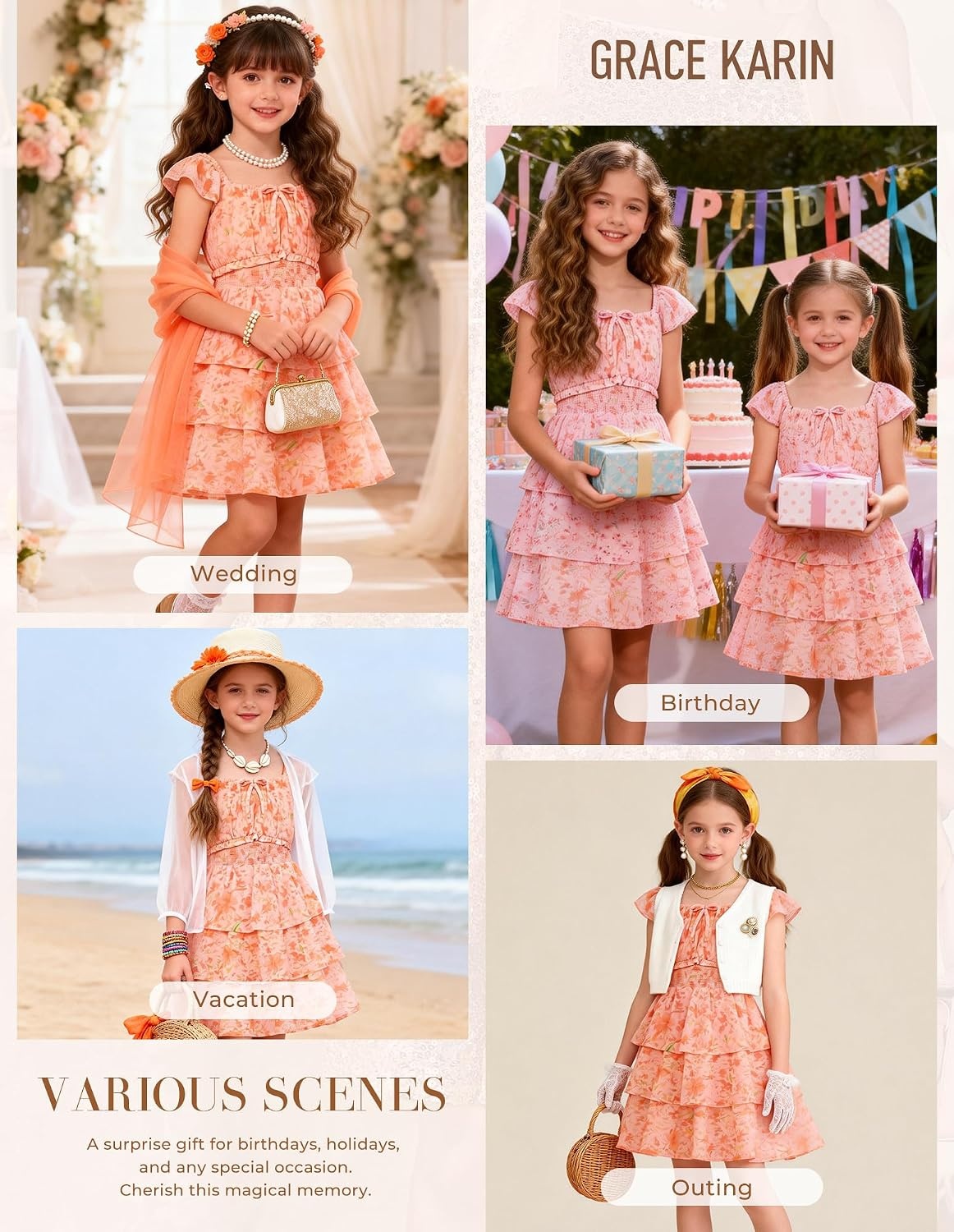 image:imageGRACE KARIN Girls Floral Spring Summer Easter Dress Teen Dresses Size 716Orange Floral