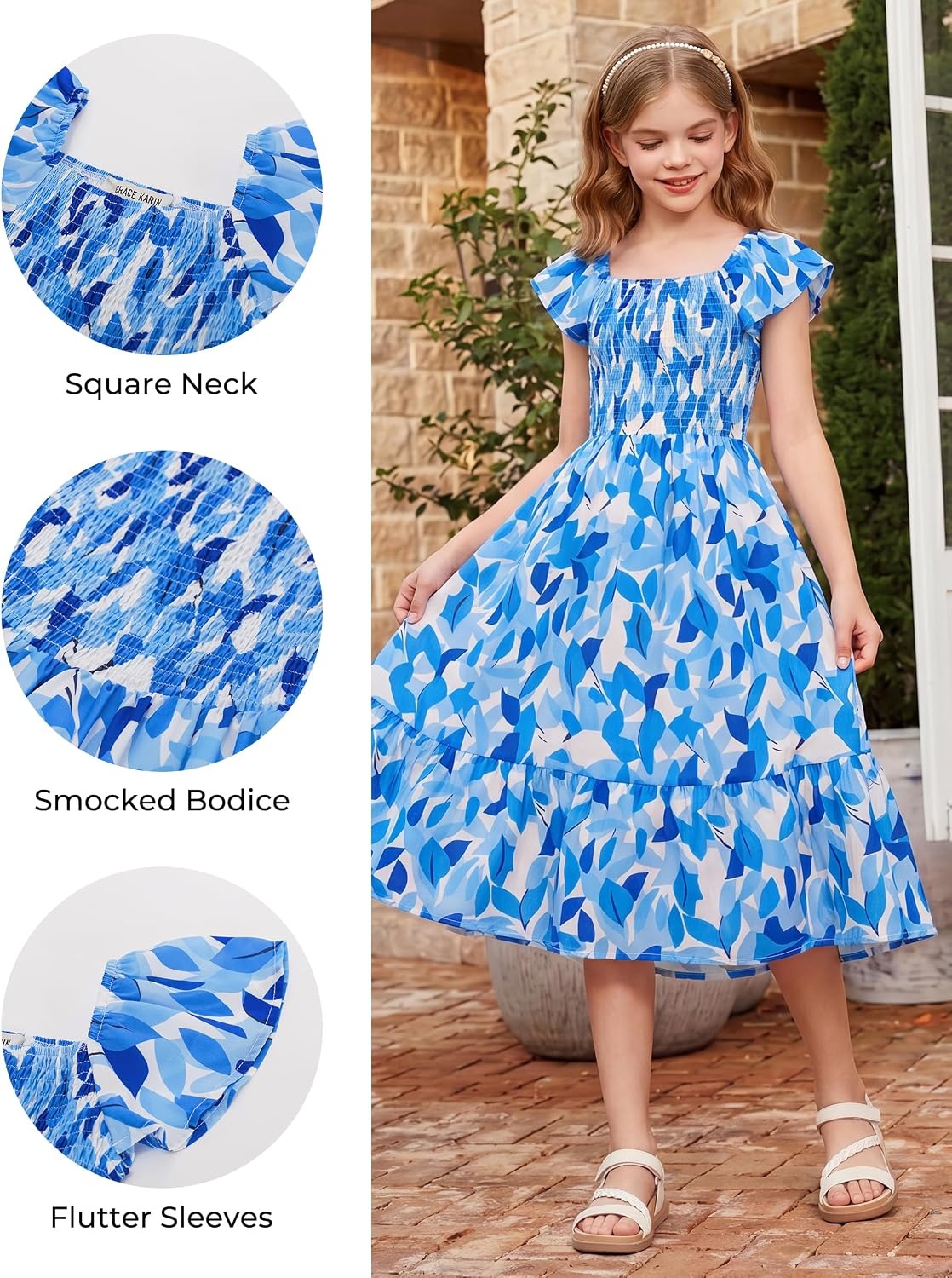 image:imageGRACE KARIN Girls Flutter Sleeve Floral Maxi Dress Spring Summer 616YBlue Leaves