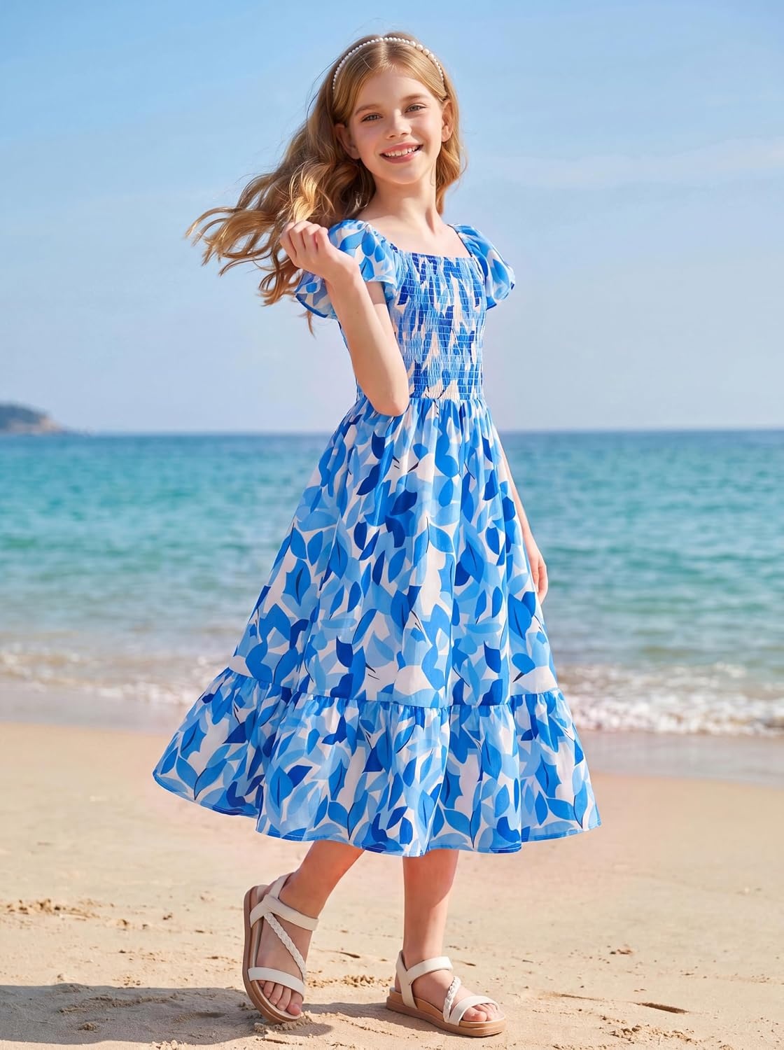 image:imageGRACE KARIN Girls Flutter Sleeve Floral Maxi Dress Spring Summer 616YBlue Leaves