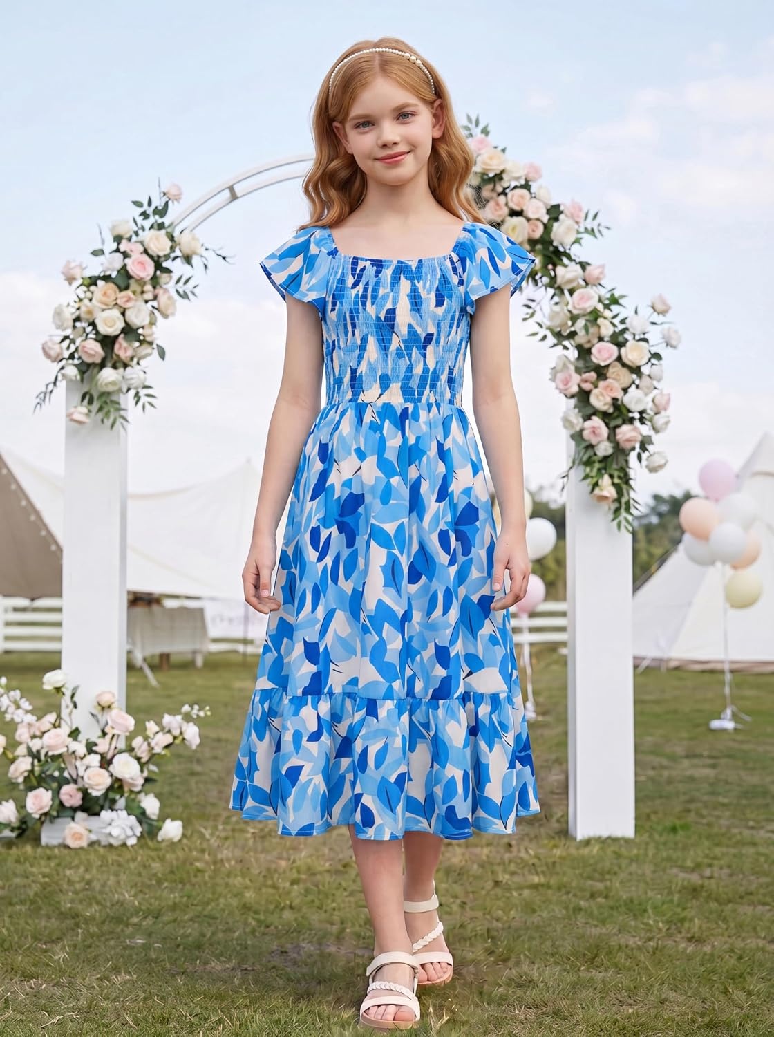 image:imageGRACE KARIN Girls Flutter Sleeve Floral Maxi Dress Spring Summer 616YBlue Leaves