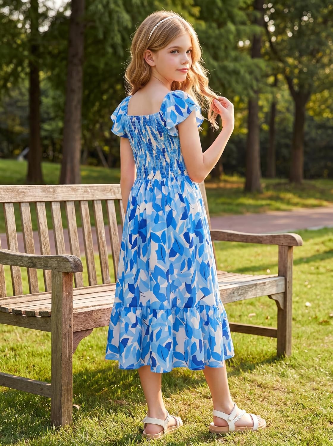 image:imageGRACE KARIN Girls Flutter Sleeve Floral Maxi Dress Spring Summer 616YBlue Leaves