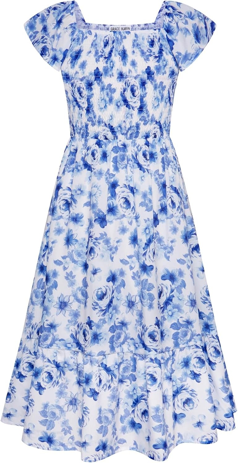 image:imageGRACE KARIN Girls Flutter Sleeve Floral Maxi Dress Spring Summer 616YBlue and White Floral