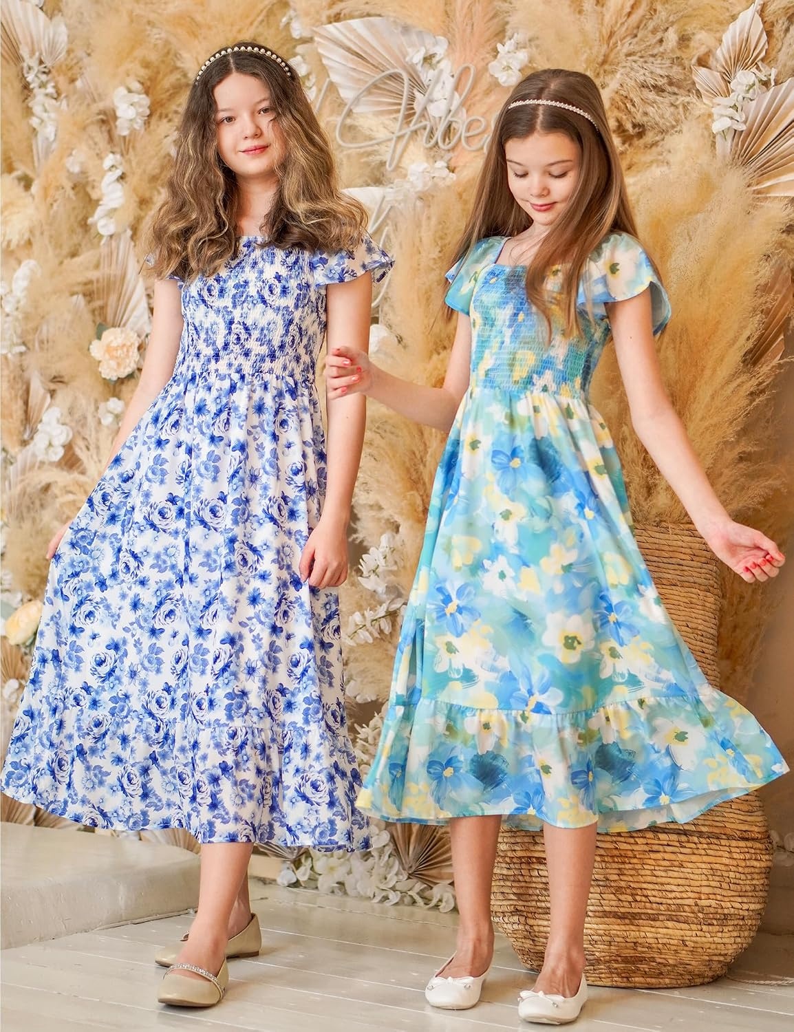 image:imageGRACE KARIN Girls Flutter Sleeve Floral Maxi Dress Spring Summer 616YBlue and White Floral
