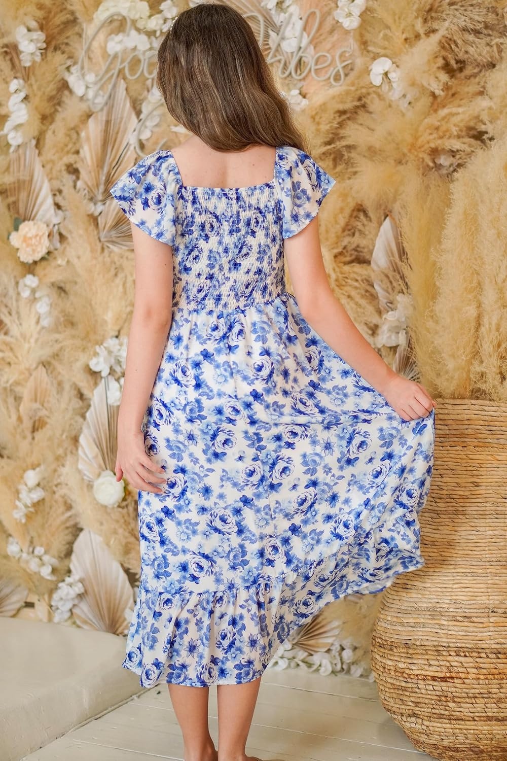 image:imageGRACE KARIN Girls Flutter Sleeve Floral Maxi Dress Spring Summer 616YBlue and White Floral