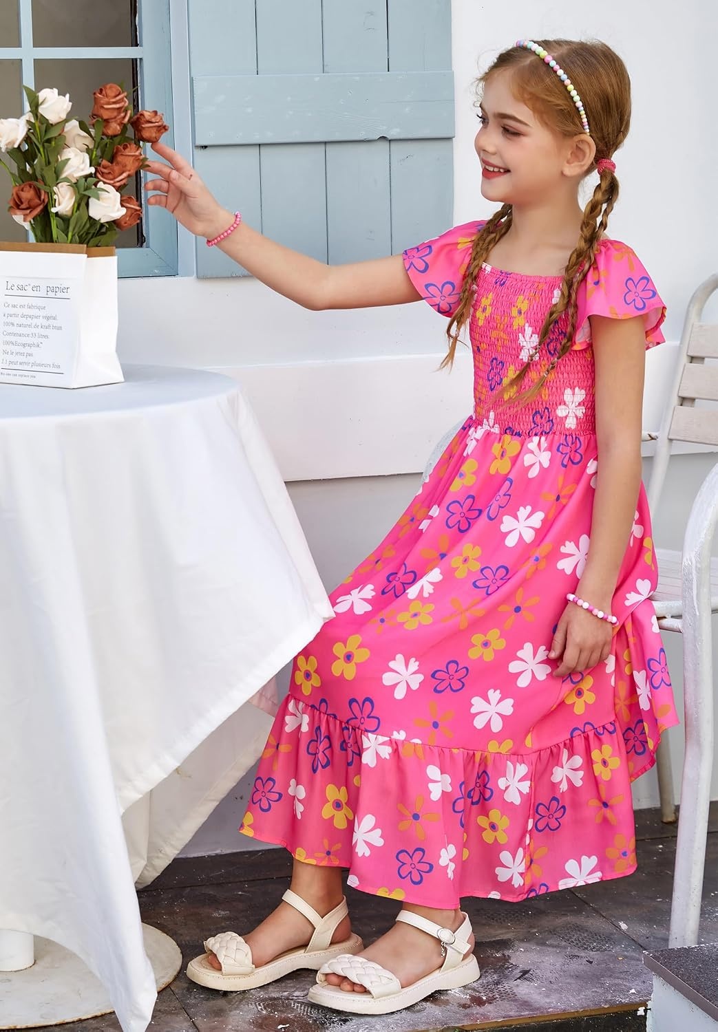 image:imageGRACE KARIN Girls Flutter Sleeve Floral Maxi Dress Spring Summer 616YFlowers on Hot Pink