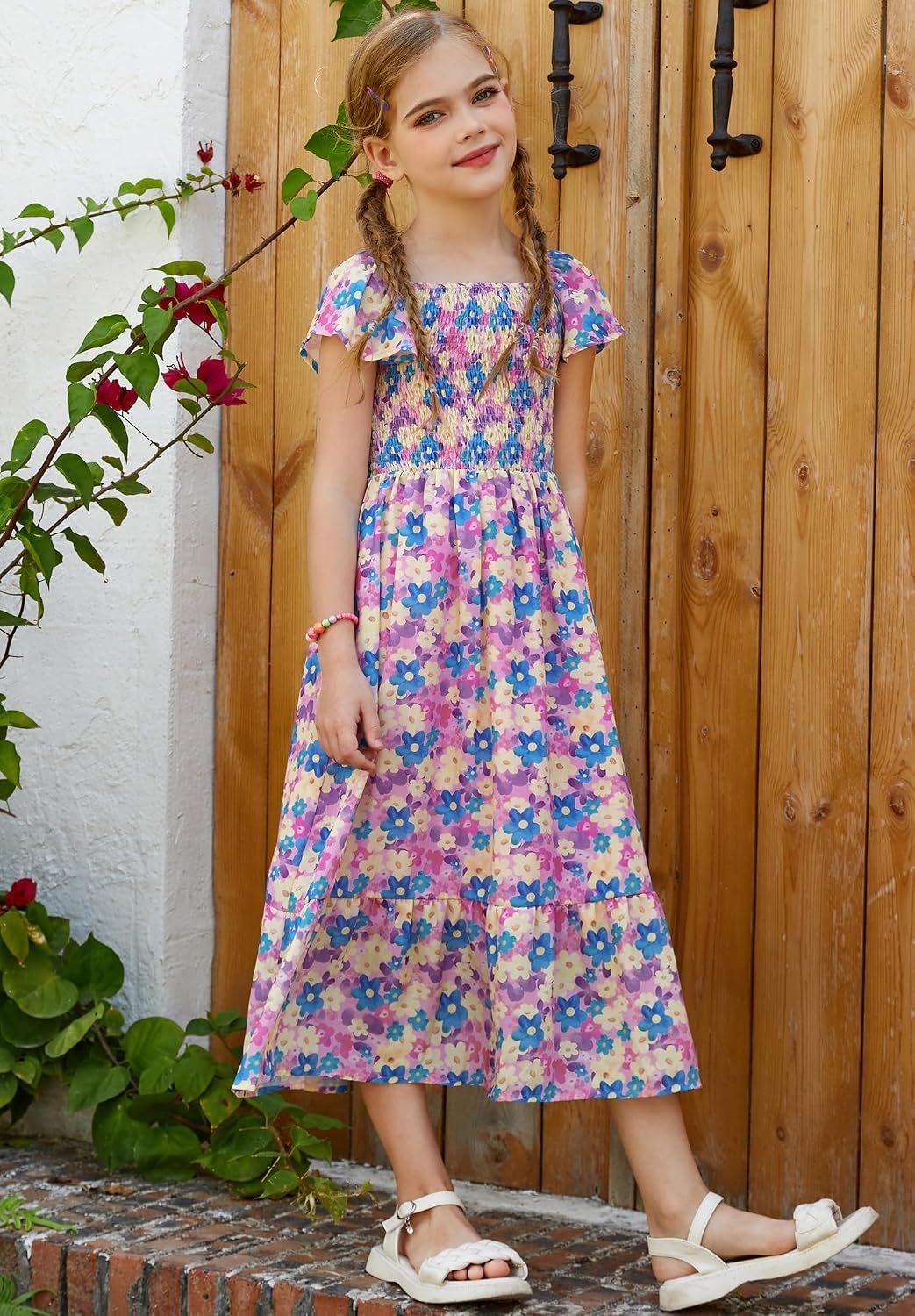 image:imageGRACE KARIN Girls Flutter Sleeve Floral Maxi Dress Spring Summer 616YFlowers on Purple