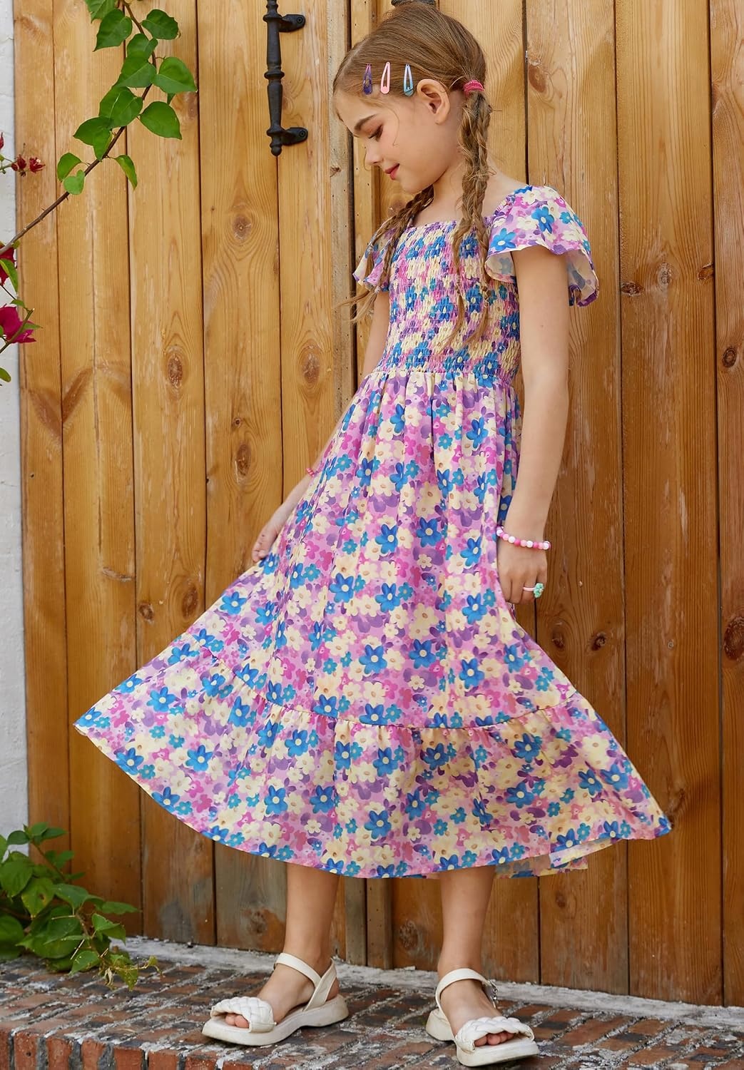 image:imageGRACE KARIN Girls Flutter Sleeve Floral Maxi Dress Spring Summer 616YFlowers on Purple