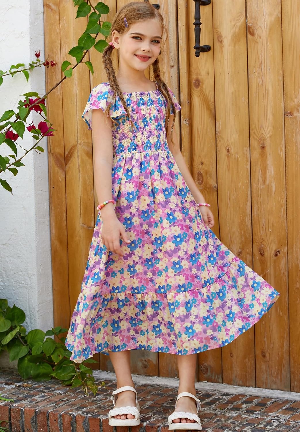 image:imageGRACE KARIN Girls Flutter Sleeve Floral Maxi Dress Spring Summer 616YFlowers on Purple