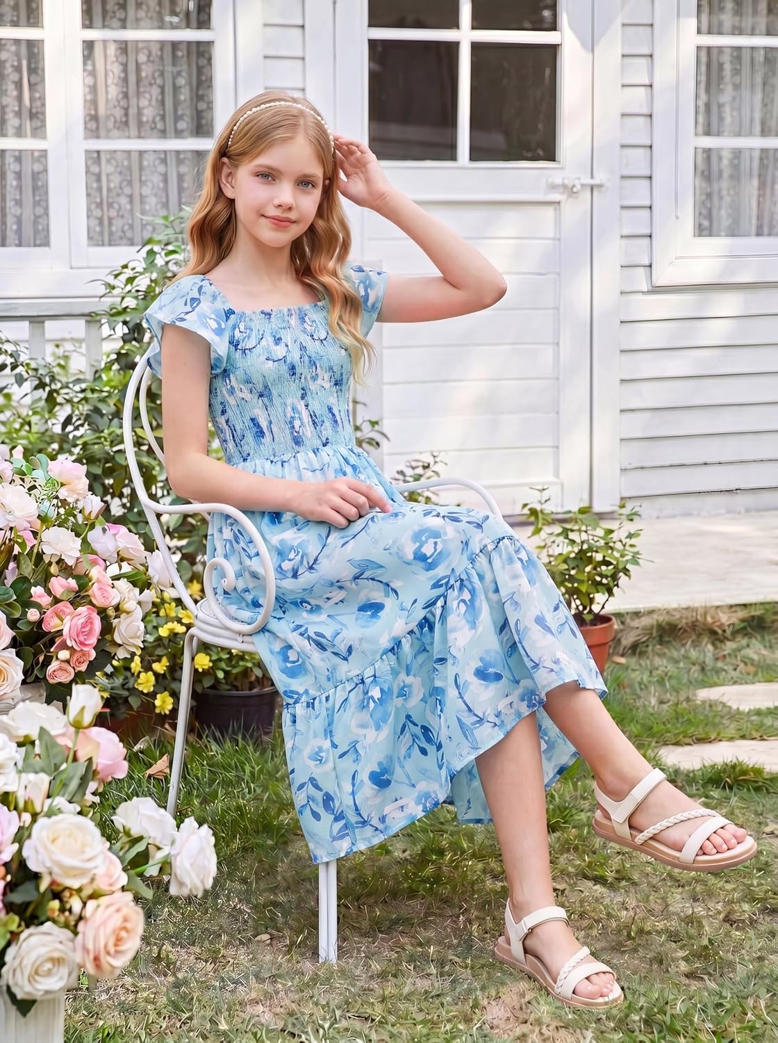 image:imageGRACE KARIN Girls Flutter Sleeve Floral Maxi Dress Spring Summer 616YGreen Blue Floral