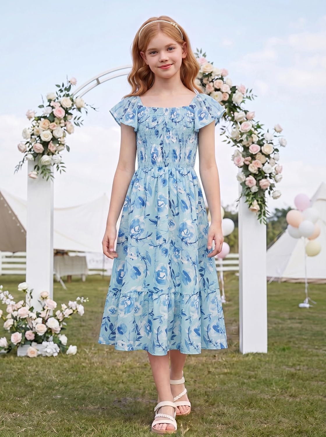 image:imageGRACE KARIN Girls Flutter Sleeve Floral Maxi Dress Spring Summer 616YGreen Blue Floral